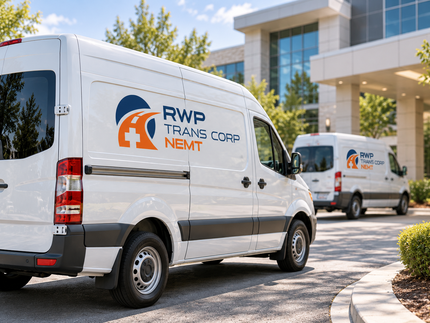 RWP Trans Corp NEMT vehicles outside a healthcare facility